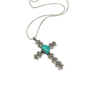 Vintage Sterling Silver & Turquoise Cross Necklace Handcrafted Native Jewelry